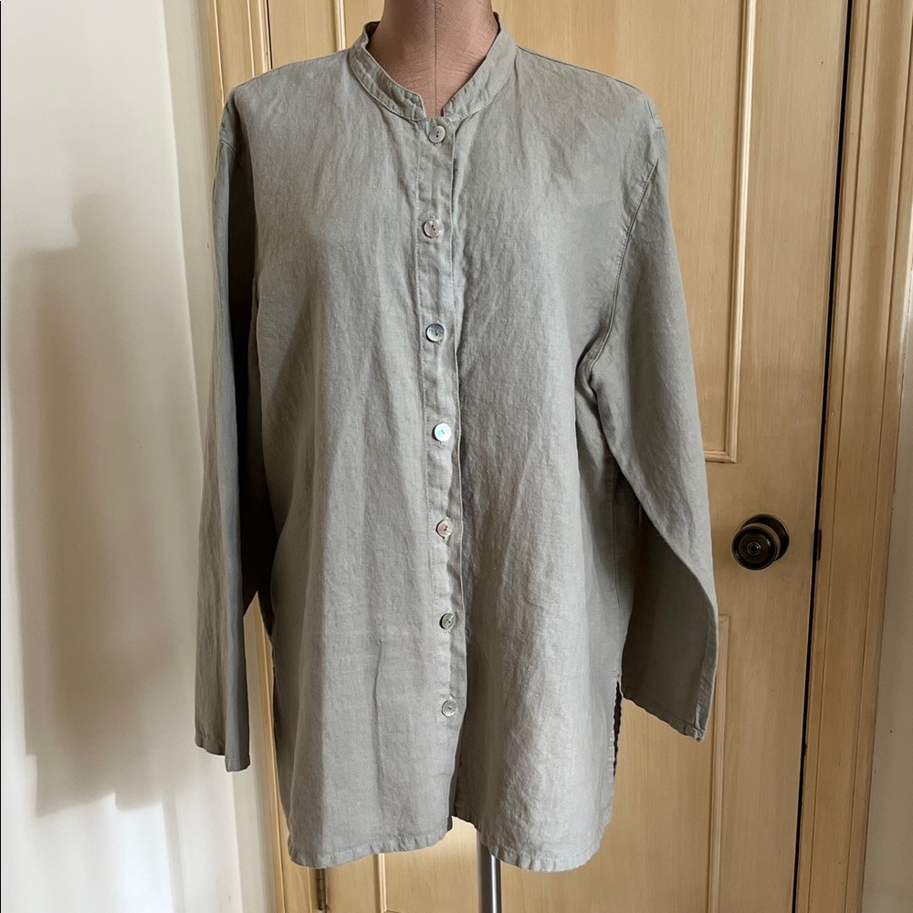 J. JILL Minimalist Lagenlook 100% Linen Mandarin Pleated Coastal Sage Tunic XL